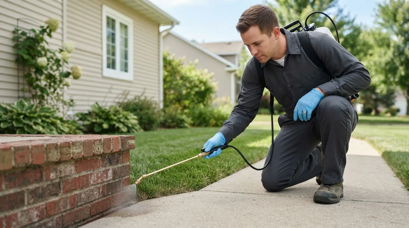 Pest control technician treating a home near Wyoming, MI